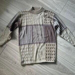 Vintage 90s Geometric Patchwork Knit Sweater | Earth Tones | Unisex M
